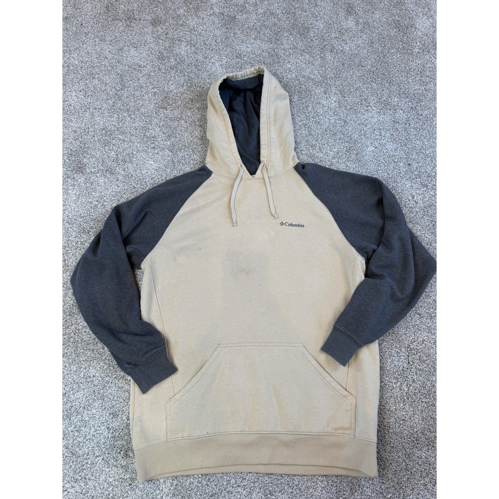 Columbia Mens Raglan Hoodie Tan Charcoal Grey Colorblock Sweatshirt Size‎ XL